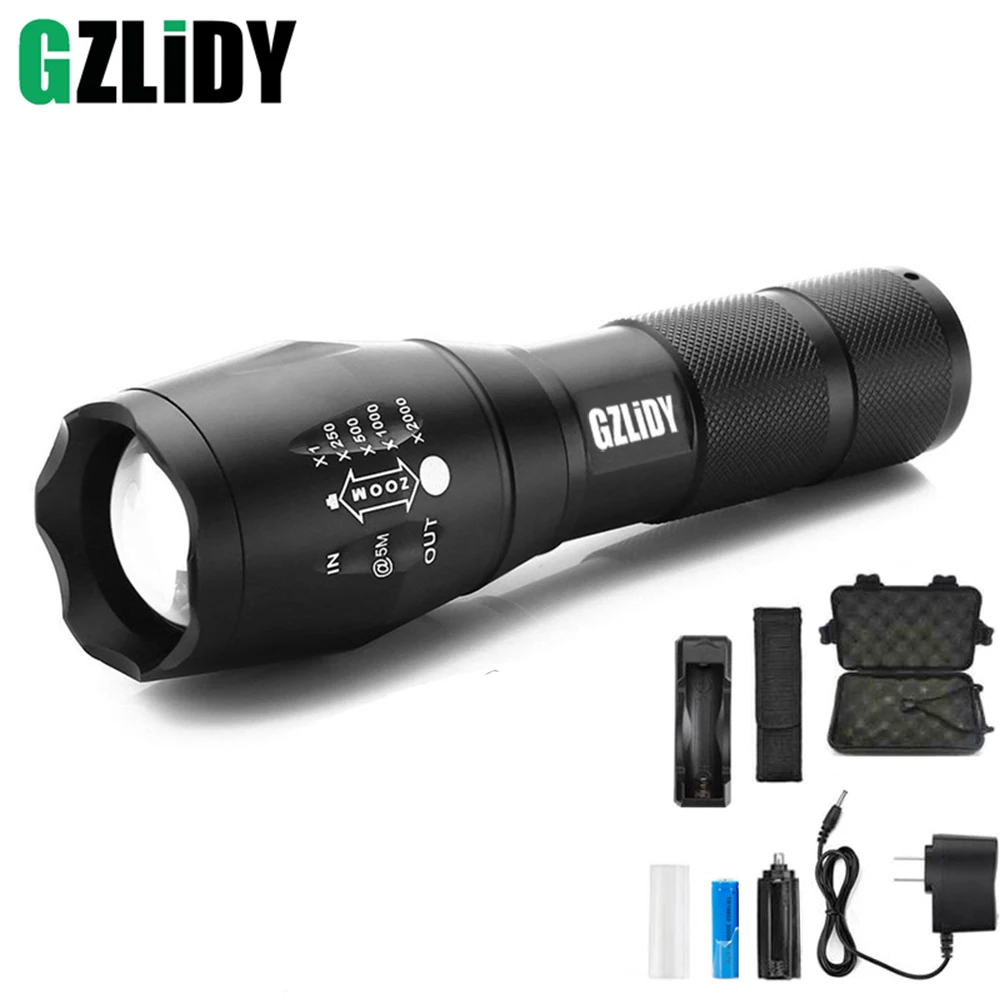 Goedkoop GZLIDY CREE XM T6 4000LM Torcia Tattica Della Torcia Zoom Linternas LED Torcia Elettrica per 3 xAAAor 18650 Batteria Ricaricab