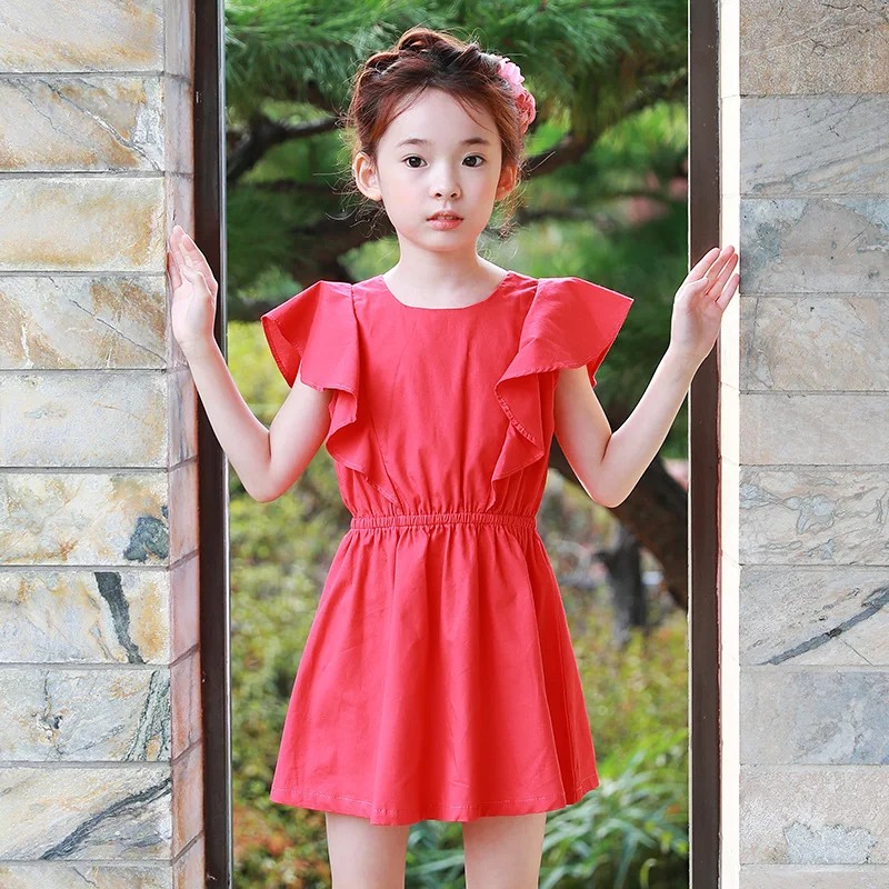 

Kids 2017 Summer New Girls' Dress 100% Cotton Flounced Red Dress 2 4 6 8 10 12 years baby girl clothes