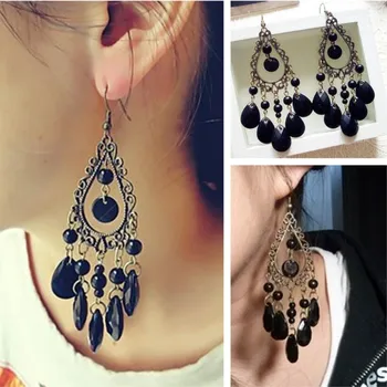 

New Brincos Pendientes Bijoux Vintage Bronze Black Gem Drop Water Earrings For Women Wedding Jewelry Tassel Boho Boucles