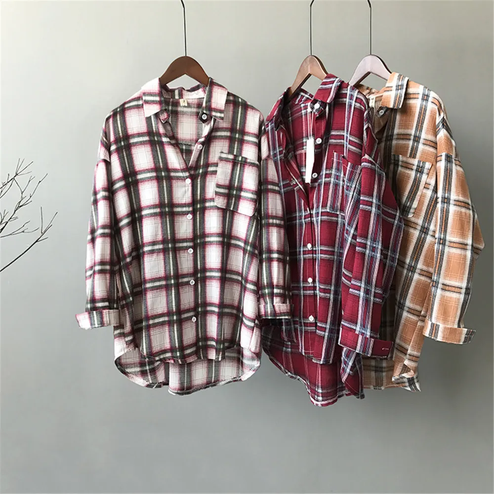 Autumn Boyfriend Style Women Blouse 2018 All Occasion Match casual College shirt long sleeve turn-down collar Plaid Office Shirt (1)