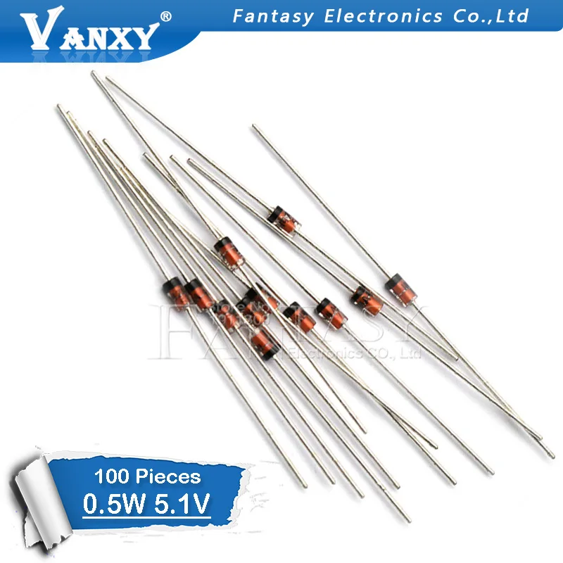 

100PCS 0.5W 5.1V BZX55C5V1 1/2W DO-35 Zener Diodes