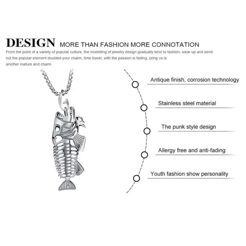 Charm Stainless Steel Hollow Fish Skeleton Bone Pendant Necklace 3 Colors