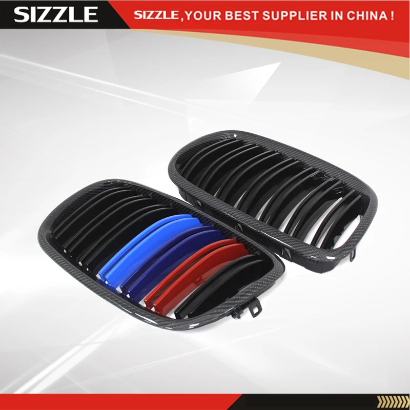 

Carbon Fiber Dual Slats Tri Color Front Grill Gloss Black Finish For BMW X5 E70 & X6 E71 2007 2008 2009 2010 2011 2012 2013