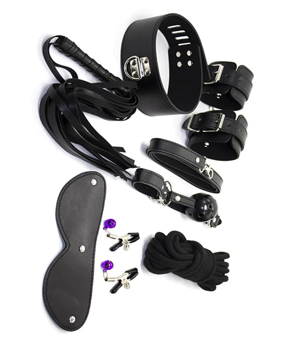 Black PU Leather Whip Flogger Collar Slave Eye Mask Wrist Cuffs Mouth