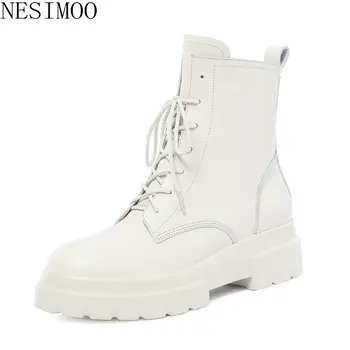 

NESIMOO 2019 Winter Fashion Shoes Woman Genuine Leather Ankle Boots Square Med Heel Round Toe Ladies Motorcycle Boots Size 34-42