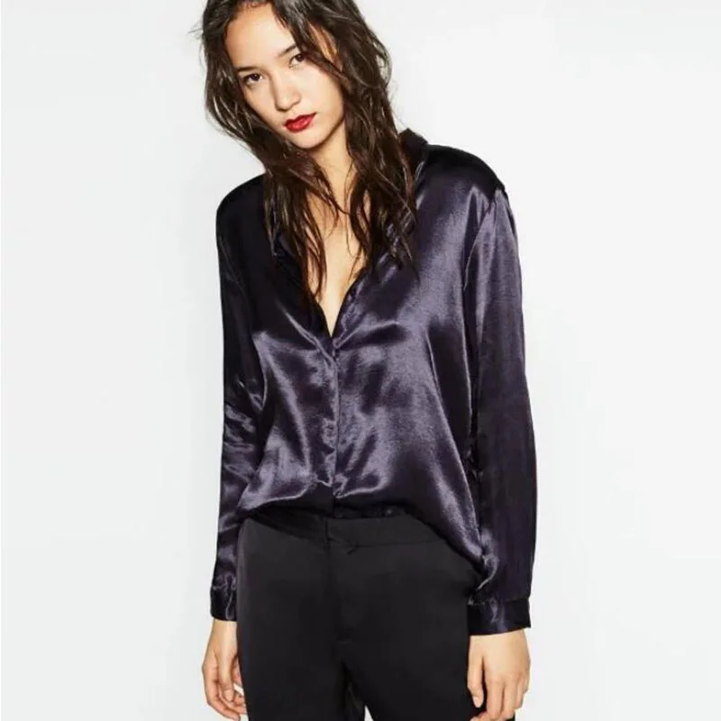 

Casual Satin Shirts Silk Blouses long-sleeved Lapel Button Woman Solid Color Slim Cardigan Basic Single-breasted Tops 2018 Hot