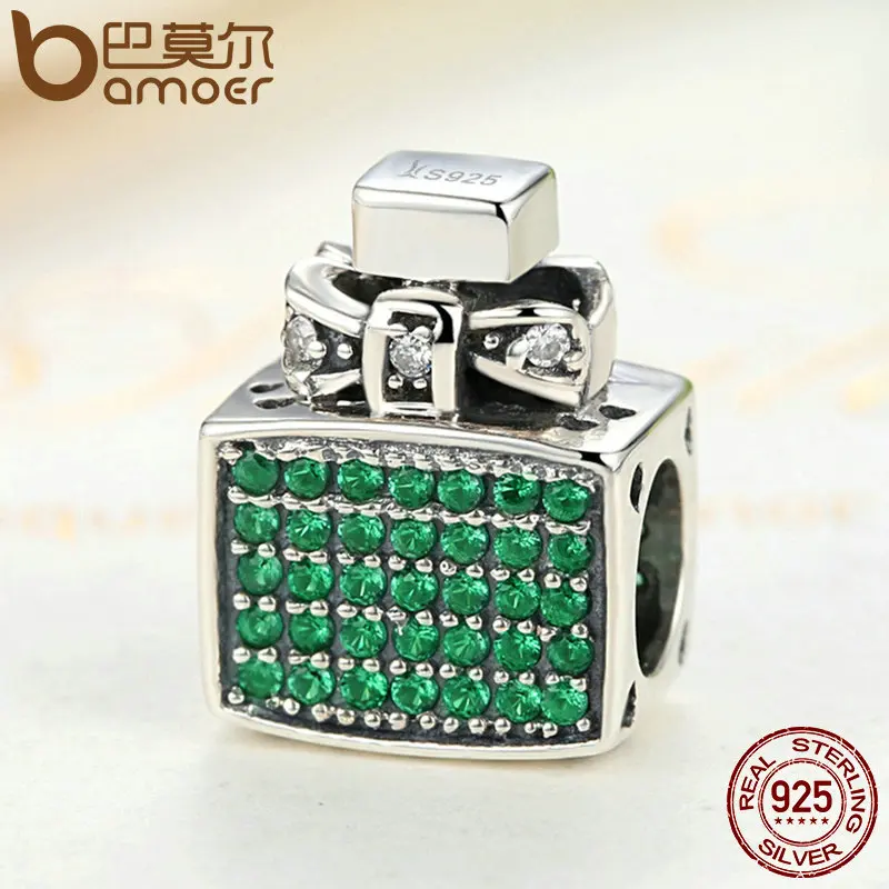 BAMOER Authentic 100% 925 Sterling Silver Green Perfume Bottle Bow Knot Bead Charms Fit Bracelets Jewelry SCC093
