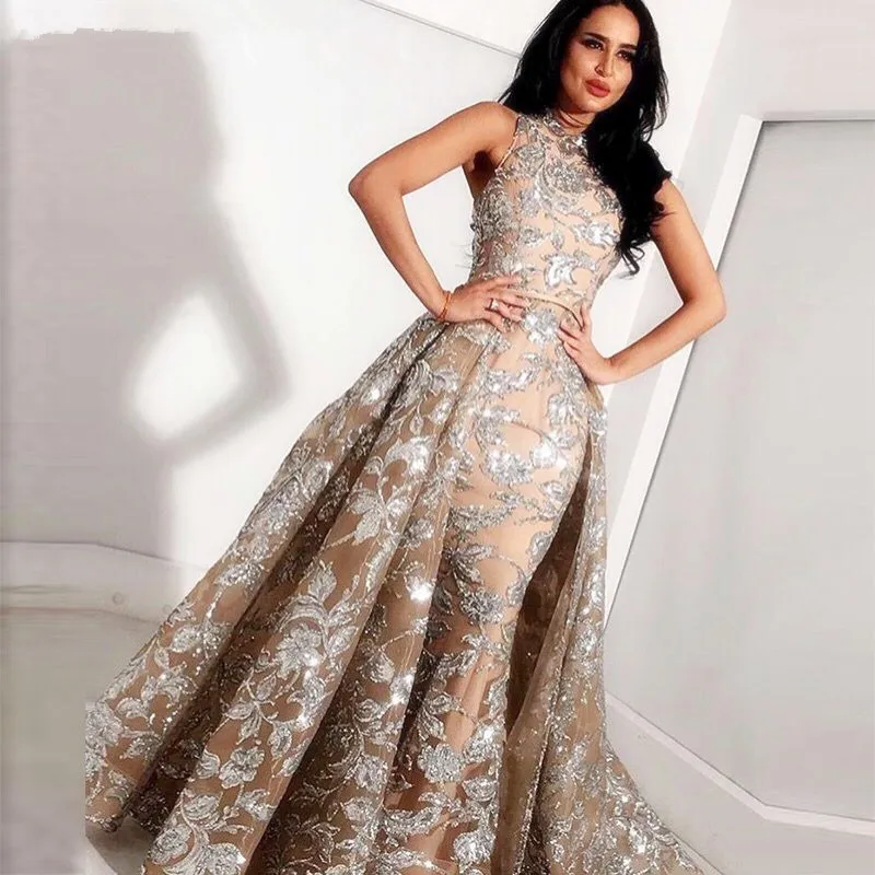 Lange Grijs Champagne Lace Mermaid High Neck Arabisch 2019 kaftan Dubai Formele Avondjurken met Afneembare Rok Lange Grijs Champagne Lace Mermaid High Neck Arabisch 2019 kaftan Dubai Formele Avondjurken met Afneembare Rok