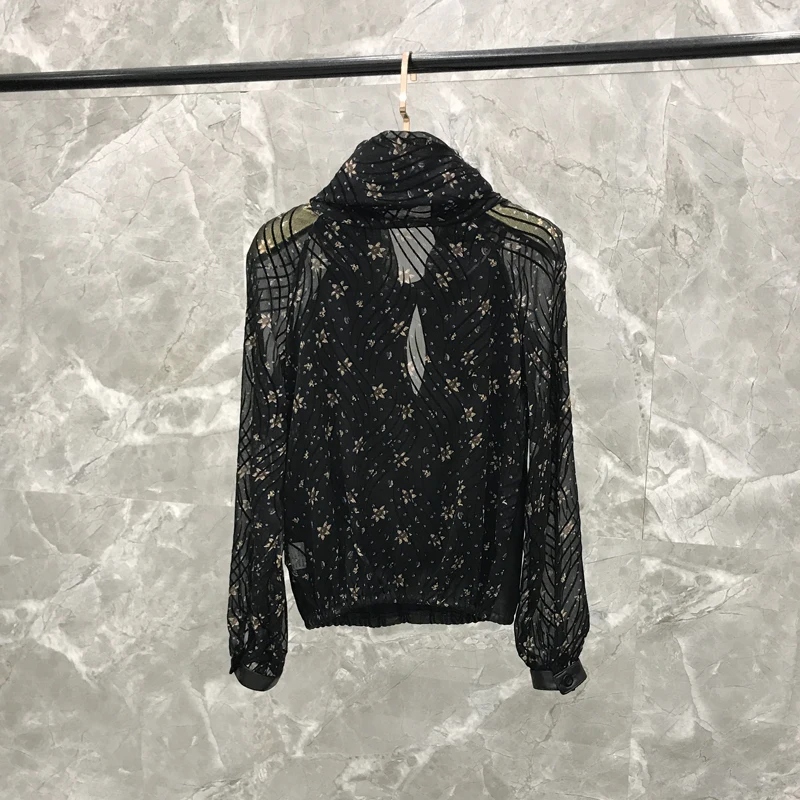 2019 Spring New Splicing Floral Chiffon Top Women's Sense of Self-cultivation Pile Collar Leather Sheepskin leather jacket
