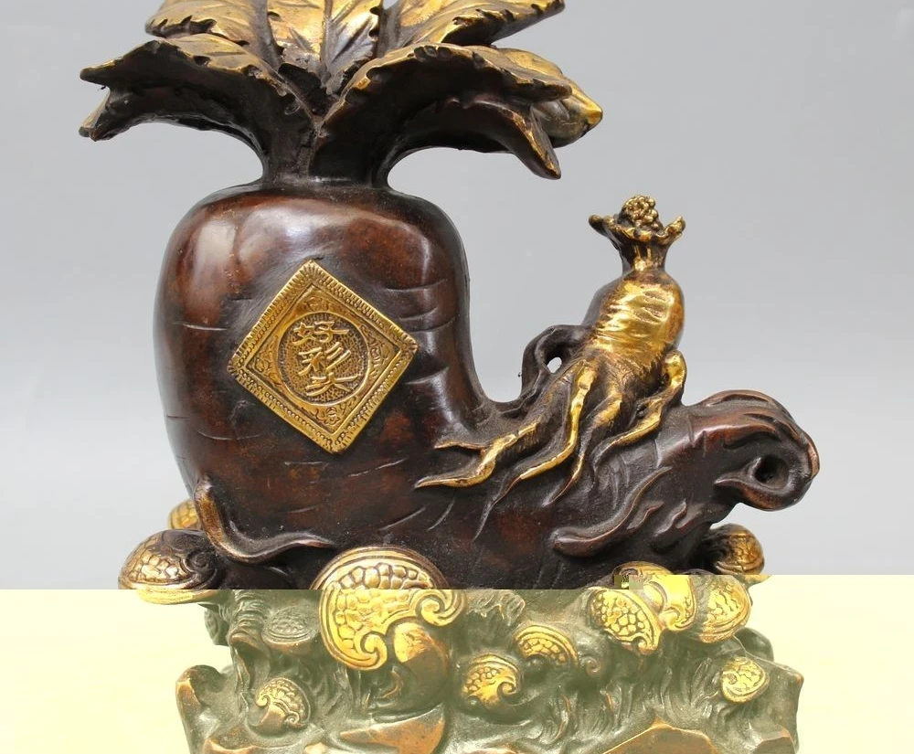 

10" Chinese Bronze Gilt Long Life Turnip Radish Ginseng Bergamot RuYi Statue