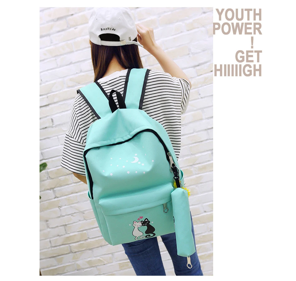 4cs/набор холщовых женских рюкзаков школьный рюкзак с принтом милого кота школьный рюкзак для девочек-подростков Зеленый Рюкзак Moclila Sac