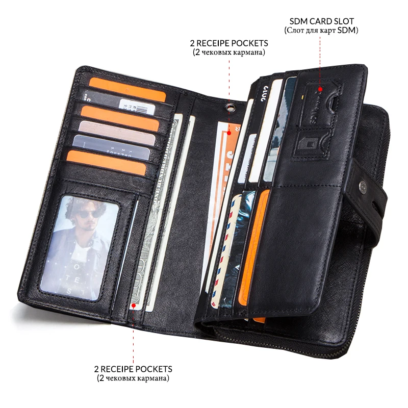 Contact's Genuine Leather Long Wallet Large Capacity Men Coin Purse Male Clutch Wallets Cell Phone Bag Portomonee Card Holder 3