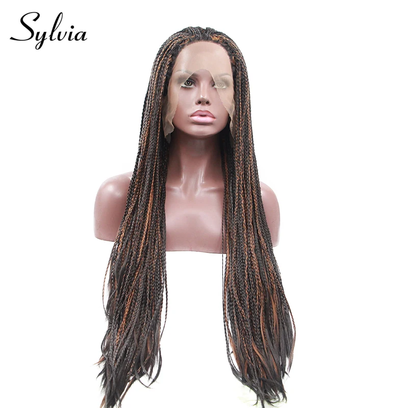 

Sylvia Black Mixed Brown Braided Box Braids Synthetic Lace Front Wigs Natural Half Hand Tied Braiding Heat Resistant Fiber Hair