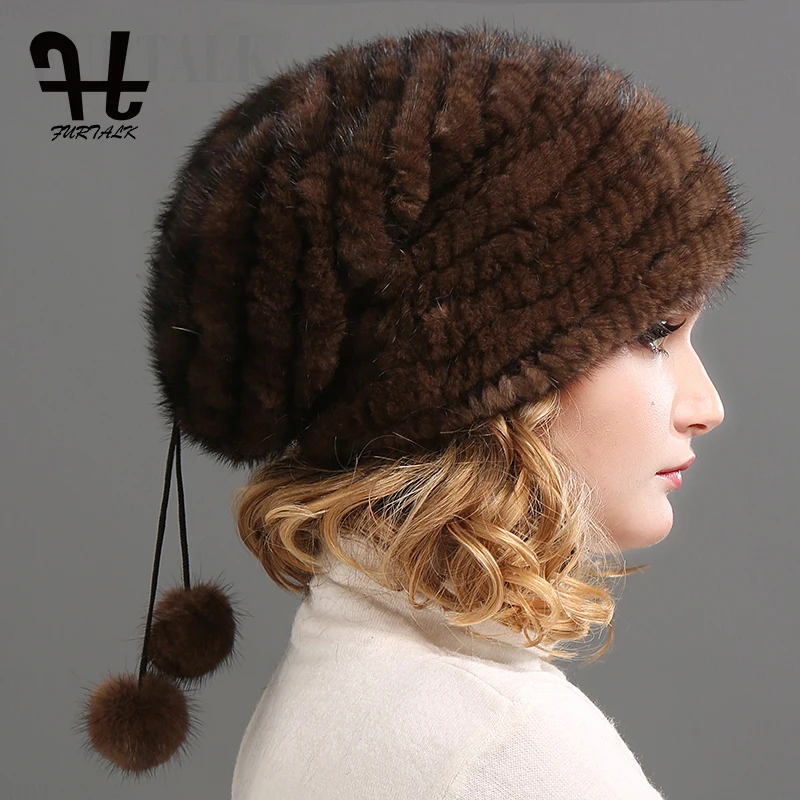 FURTALK норки меха шапочка Hat женщины Теплый зимний мех помпон шляпы громоздкой Real норки меховой шляпы для женщин