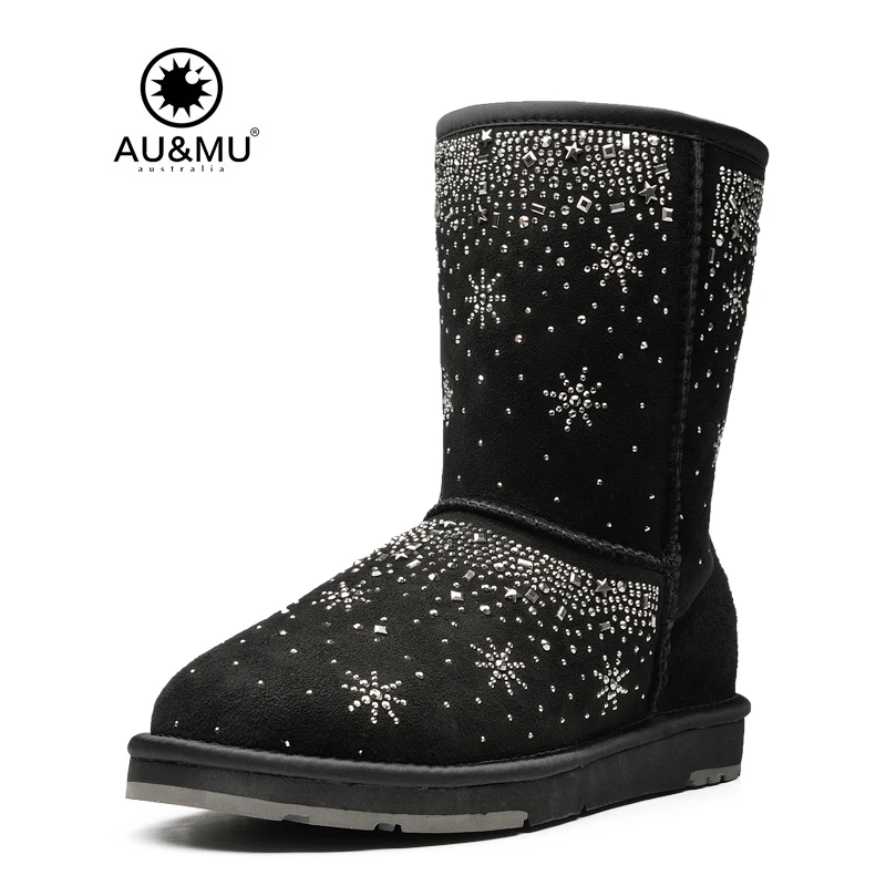 

2017 AUMU Australia Snowflakes Printing Suede Fur Wool Lining Pull On Thick Platform Rubber Soles Snow Winter Boots UG N355