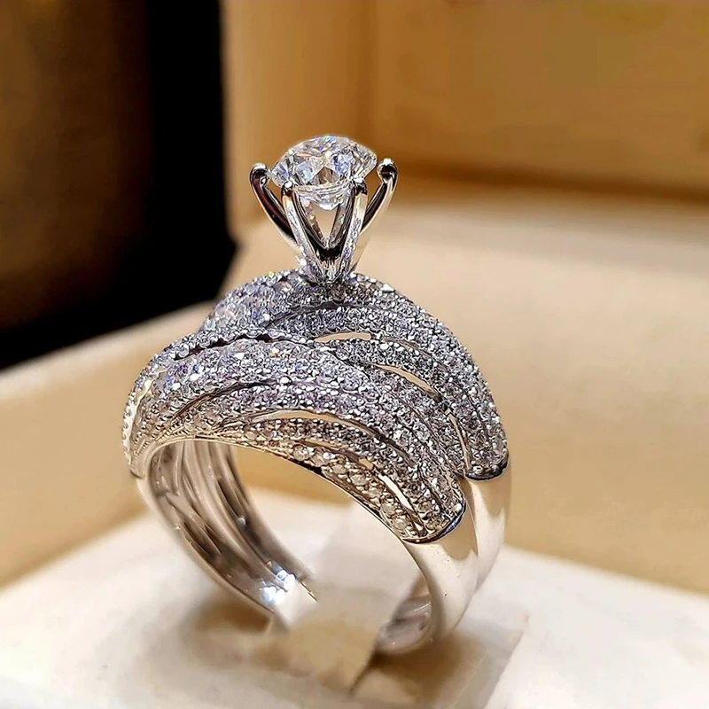 

Boho Female Crystal White Round Ring Set Brand Luxury Promise Silver Engagement Ring Vintage Bridal Wedding Rings for Women