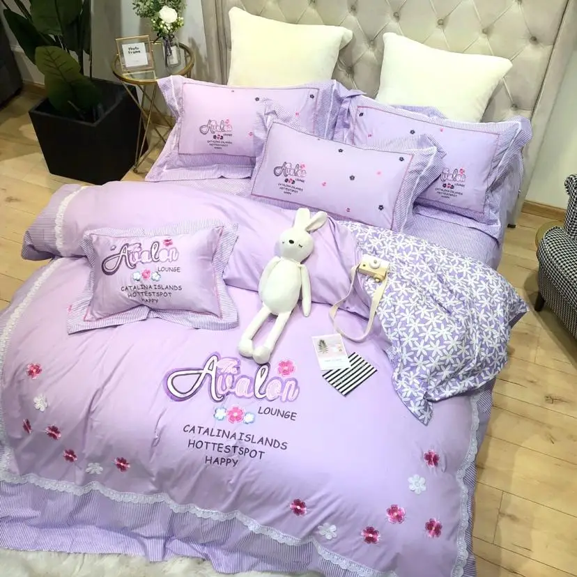 

purple potpourri Bedding Set Luxury princess style Bed set Queen Size Bed Sheet lace edge Duvet Cover Set cotton Bed Linen