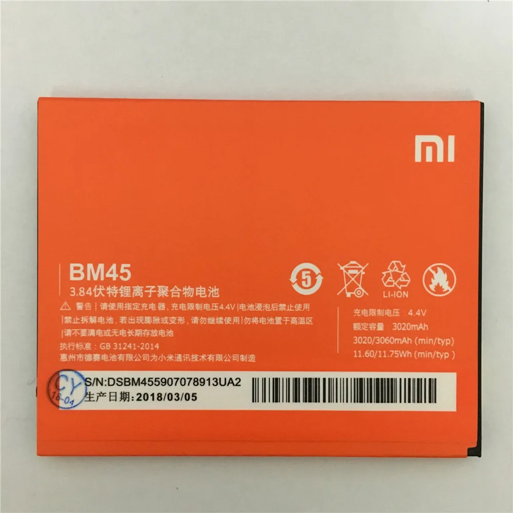 

Xiao Mi Original BM45 Mobile Phone Battery For Xiaomi Redmi Note 2 Hongmi Note2 Replacement Batteries Real Capacity 3020mAh