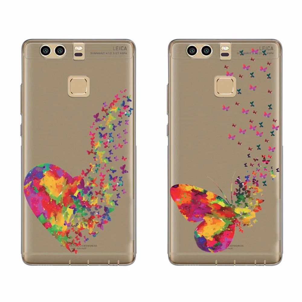 Watercolor Butterfly Pink Love Heart TPU Soft Case For Huawei P7 P8 P9 LITE Plus Transparent Silicon Protective Phone Cover Case