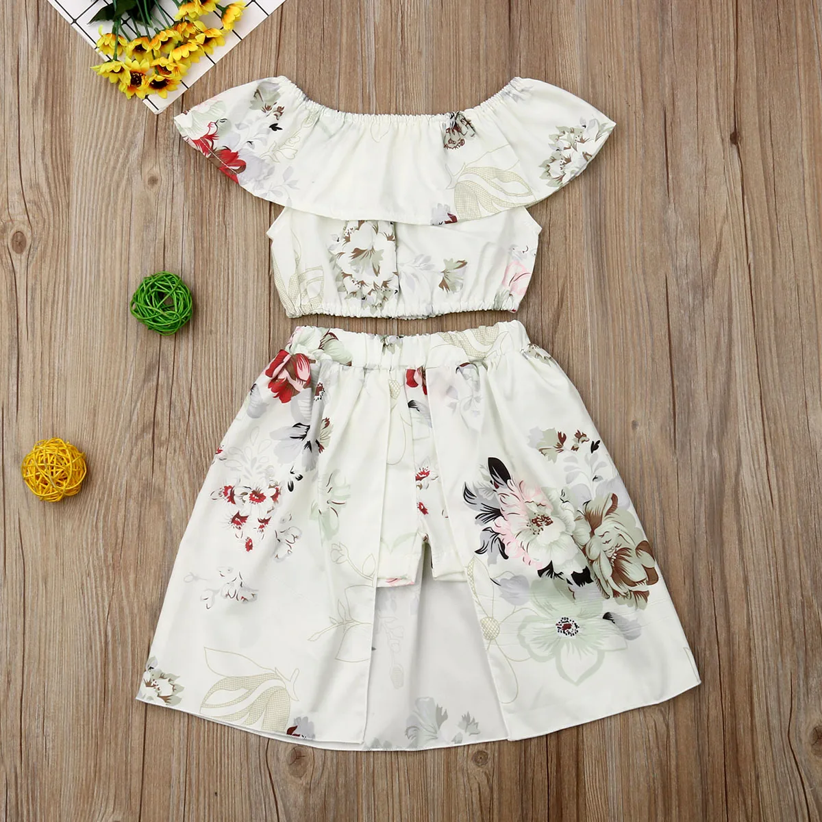 

Pudcoco Summer Toddler Baby Girl Clothes Off Shoulder Print Flower Ruffle Crop Tops Short Pants Skirt Tail 2Pcs Outfits Clothes