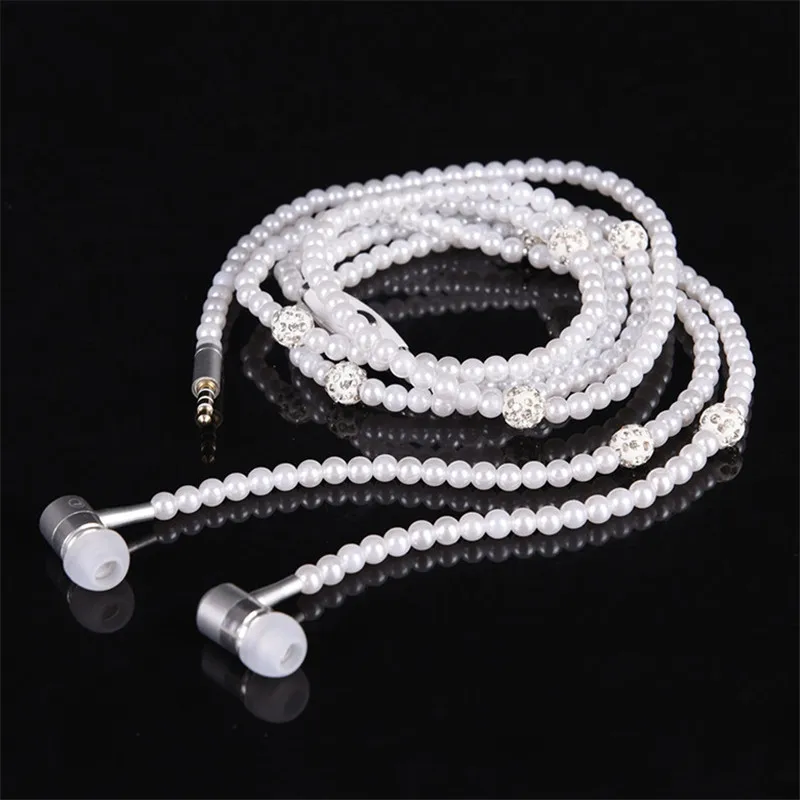 Wired earphones Pearl Necklace In-Ear Pink Rhinestone Jewelry Beads With Mic For Samsung Xiaomi Girls Gifts