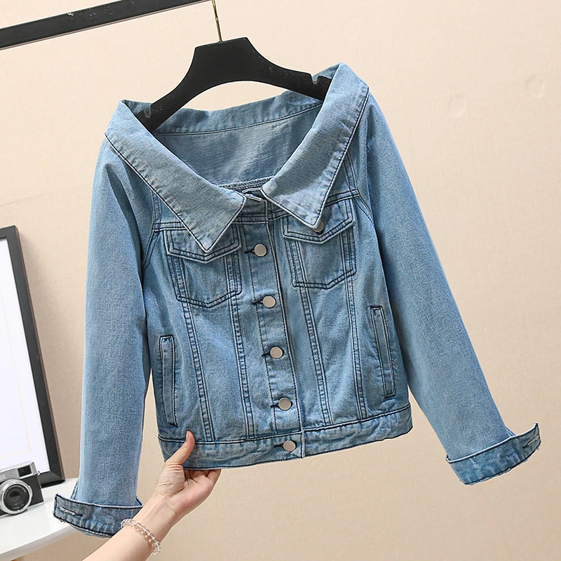 

2019 summer new slash neck denim women jackets lady elegant pockets off shoulder sexy lady outwear jackets coat tops