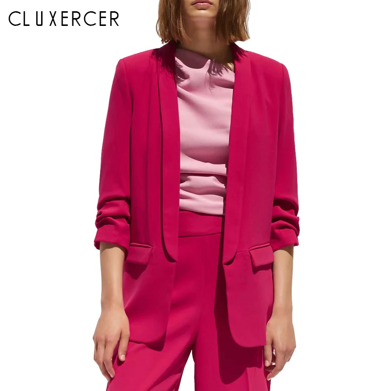 

2019 Spring Summer Fashion Rose Red Blazer Women OL Puff Sleeve Workwear Blazer Coat No Button Three Quarter Ladies Outwears