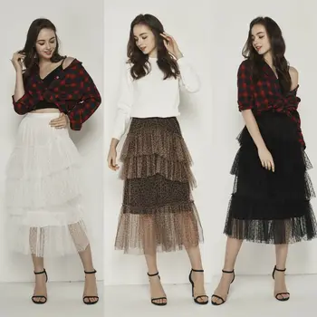 

2019 New Boho Lace Pleated Long Maxi Tulle Tutu Skirt Women Ladies Solid Color Beach Casual Sundress Elastic High Waist Skirt