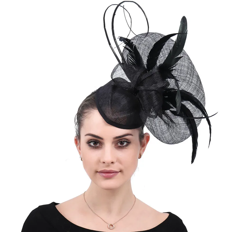 

Ladies Feather Sinamay Cocktail Headwear Black Derby Fascinator Hats Wedding Bride Church Women Hat Fedora Caps Headpieces Party