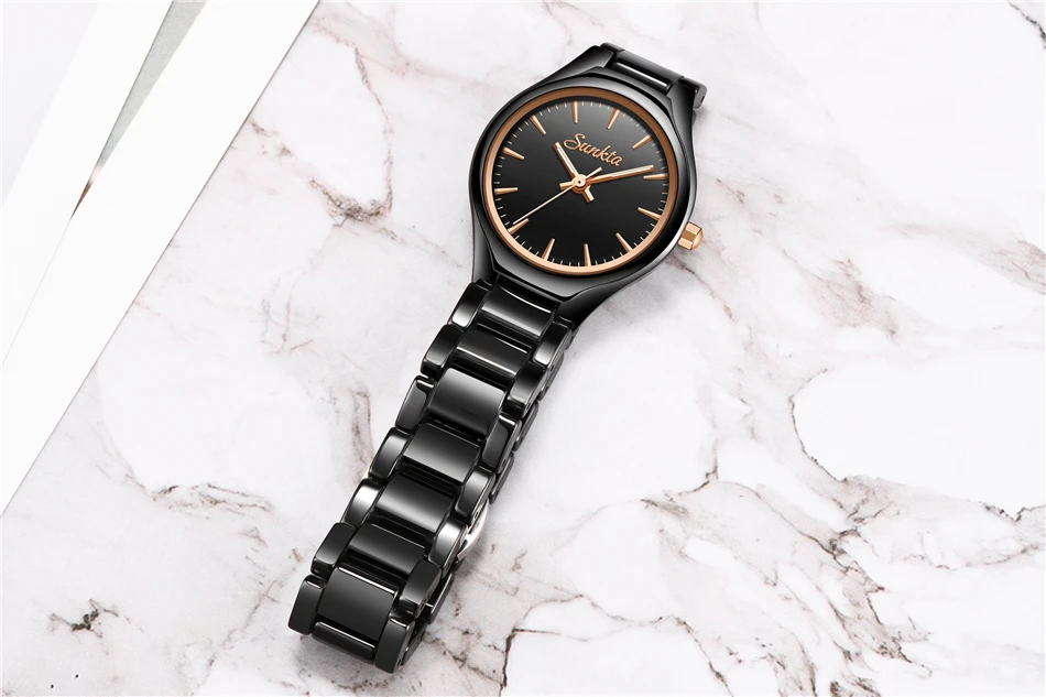 SUNKTA модные простые черные керамическая Роза Золотые часы женские водонепроницаемые Топ брендовые роскошные женские часы Девушка кварцевые часы+ коробка