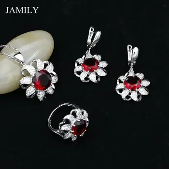 

Fashion Red Cubic Zirconia Beads Flower Shaped Silver 925 Jewelry Sets For Women Party Earrings/Dangle Pendant/Ring/Necklace Set