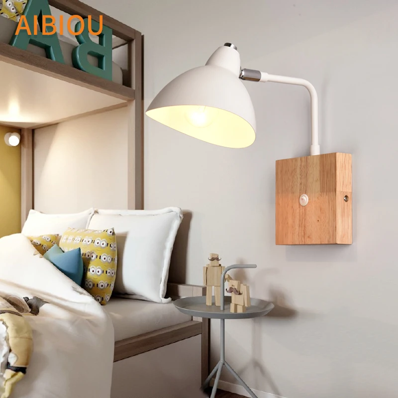 

AIBIOUModernWoodIronSconceLEDWallLightsForBedroomKidsRoomE27WallLamp