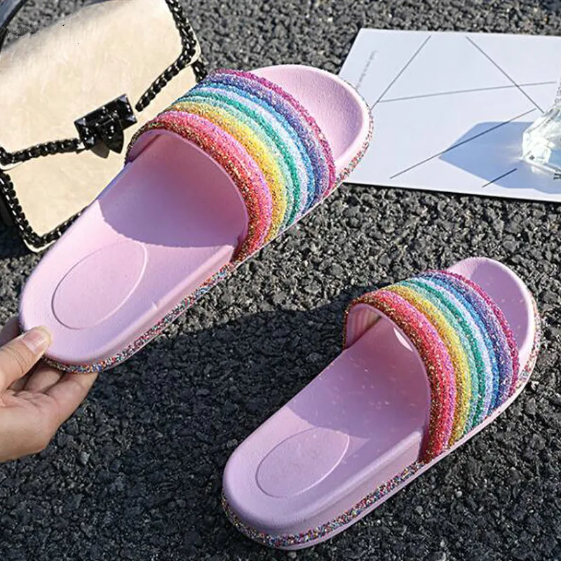 Female Summer Flat Slides Casual Bright Diamond Bling Rainbow Slippers Indoor Home Shoes Outdoor Beach Flip Flops Women Slides Female Summer Flat Slides Casual Bright Diamond Bling Rainbow Slippers Indoor Home Shoes Outdoor Beach Flip Flops Women Slides
