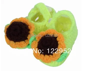 

2014 New design Crochet Cotton Natural Fashion Sunflower with Leaf Soft Baby Toddler shoes 0-12M First walkers shoes