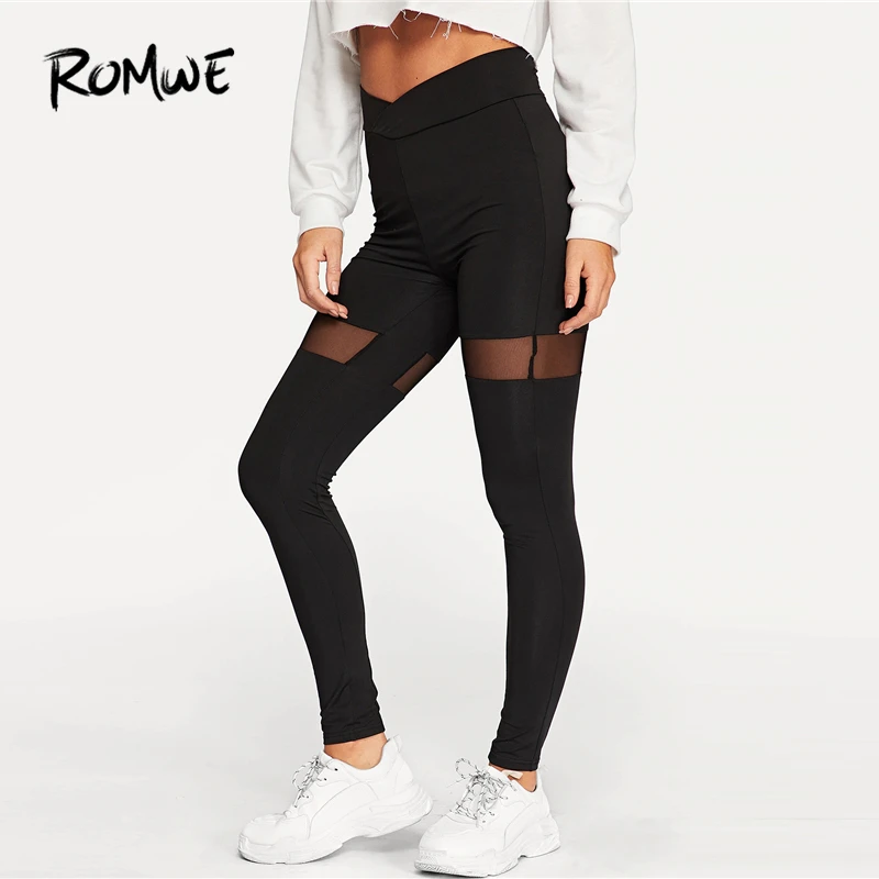 ROMWE, черные, сетчатые вставки, прозрачные, одноцветные, обтягивающие леггинсы для женщин, лето, спортивные, для спорта и отдыха, для фитнеса, тянущиеся, длинные, для активного отдыха