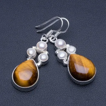 

Natural Tiger Eye and River Pearl Unique Punk Style 925 Sterling Silver Earrings 1 3/4" P1702
