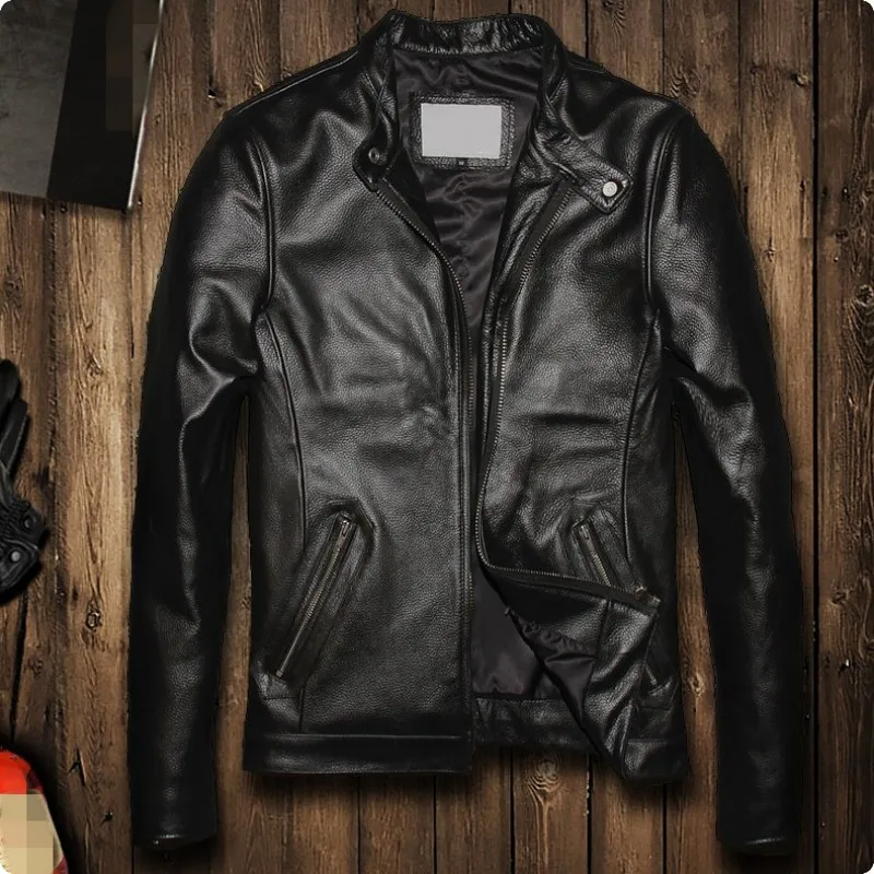Модная куртка из натуральной кожи на молнии с воротником-стойкой, приталенная мужская куртка размера плюс, Homens Jaqueta De Couro Blouson Moto - Цвет: black