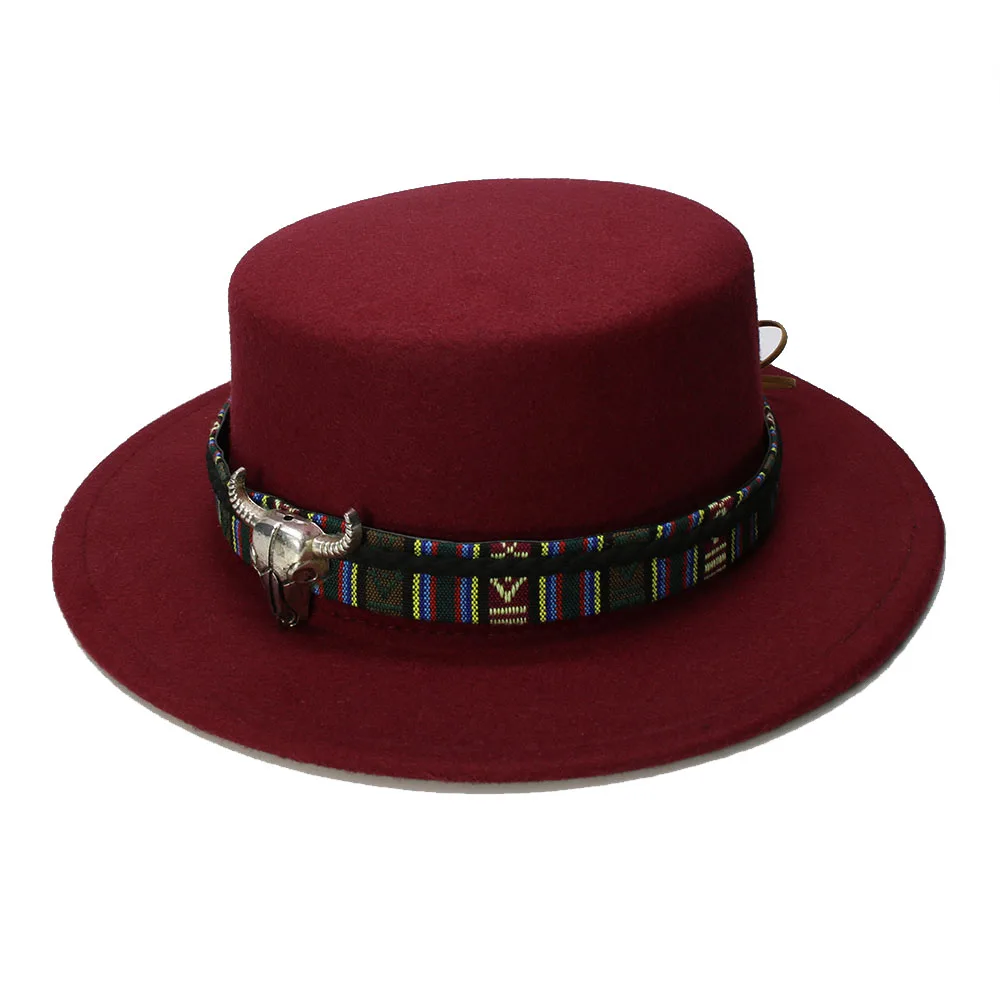 Wine red LUCKYLIANJI, Ретро стиль, для женщин и мужчин, Ретро стиль, шерсть, с широкими полями, кепка, свиная пирог, порка, котелок, голова коровы, кожаный ремешок(57 см/регулируется - Цвет: Wine red