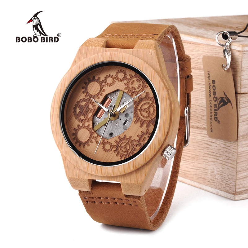 BOBO BIRD WB09 Exposed Movement Design Bamboo Wood Quartz Watches Real Leather Straps Skeleton Watch in Wooden Gift Box OEM BOBO BIRD WB09 Exposed Movement Design Bamboo Wood Quartz Watches Real Leather Straps Skeleton Watch in Wooden Gift Box OEM