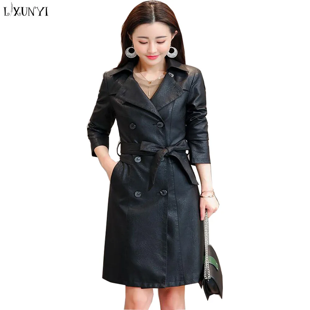 2019 Noir Mince Femmes Breasted Élégante Ceinture Vestes Manteau Dames Lxunyi Mode En Automne Tranchée Plus La Cuir Longue Double Taille dn80qH