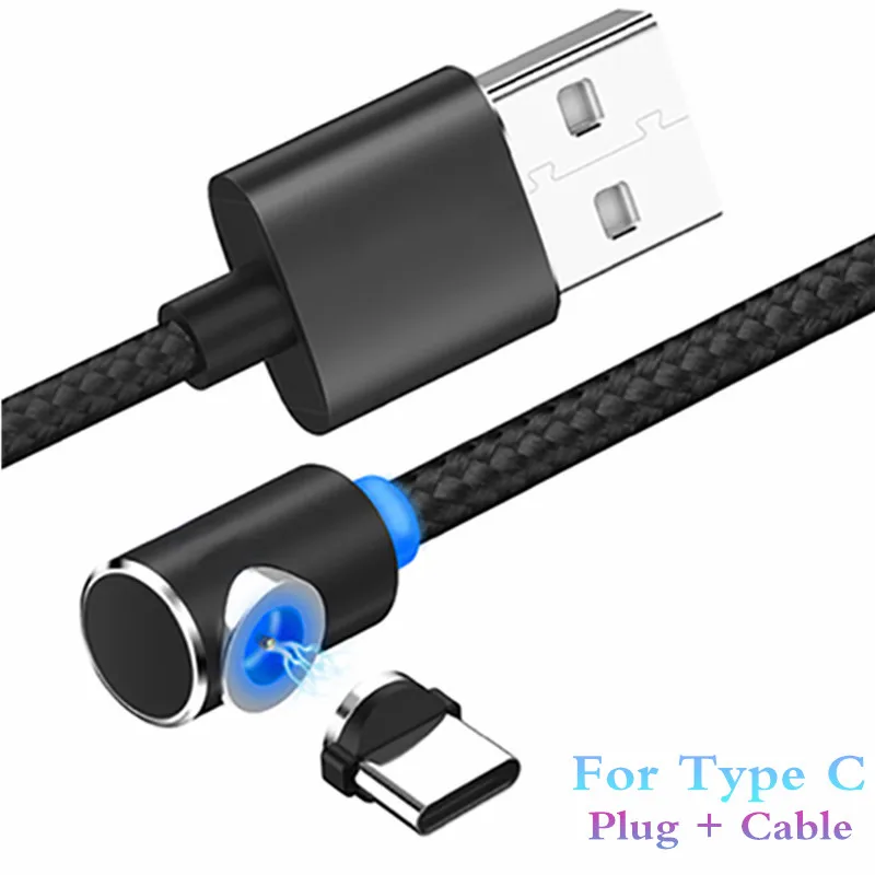 Светодиодный кабель Micro USB на магните для iphone, зарядное устройство, 90 градусов, 2 А, быстрая зарядка, Usb кабель type C для мобильных телефонов Android - Тип штекера: For Type C Black