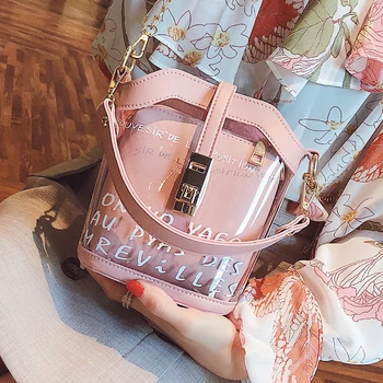 

Printed Letter Transparent Jelly Bucket Tote Bag 2019 New Quality PVC Women's Designer Handbag Lock Chain Shoulder Messenger Bag