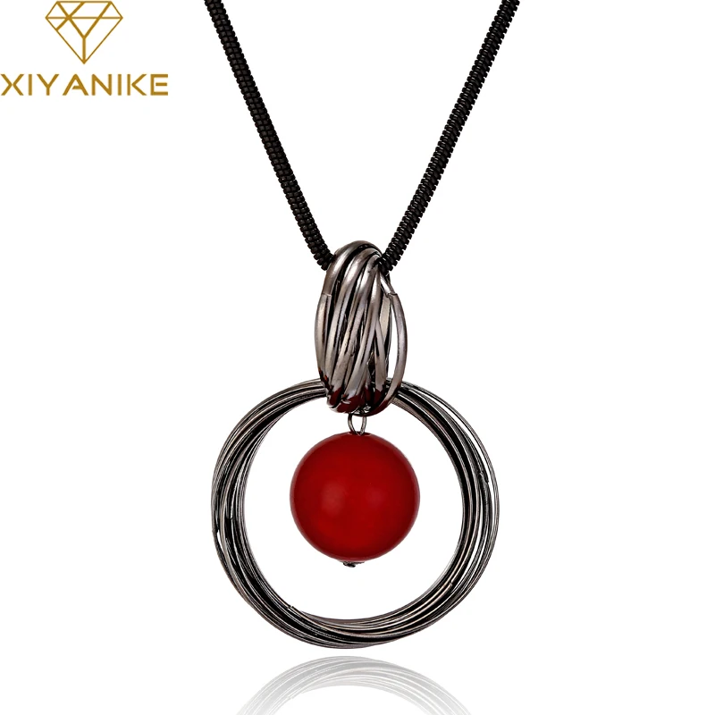 

XIYANIKE 2017 Fashion Long Necklace For Women Red Created Pearl Double Round Maxi Necklaces & Pendants Statement Jewelry N863
