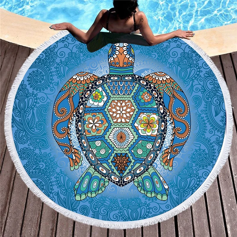 Original Turtle Totem Printed 150cm Large Round Beach Towel Microfiber