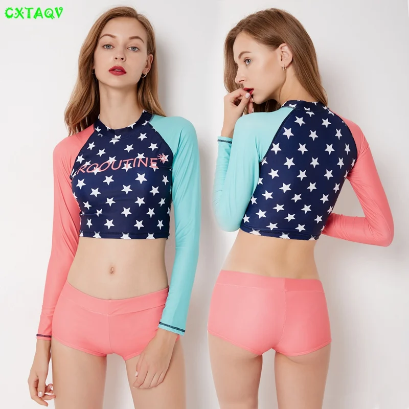 

Stars Print Patchwork Top Long Sleeve Rash Guard Brief Bottom Swimwear Two Piece Swimsuit Beach Bathing Surfing Diving Suit 2018