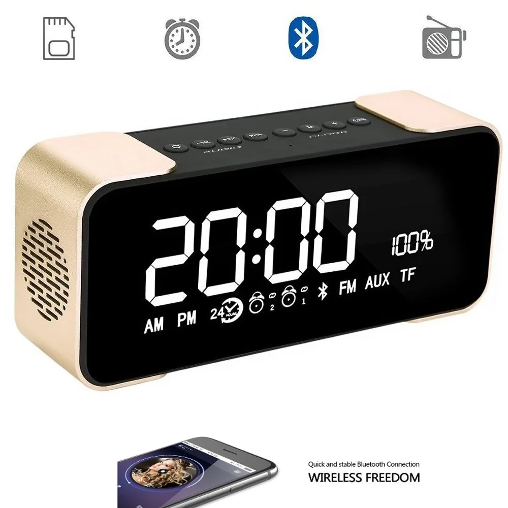 

New Portable Wireless Stereo Hi-Fi Bluetooth 4.2 Speaker with Large Screen Digital Radio Alarm Clock Support TF Card GDeals