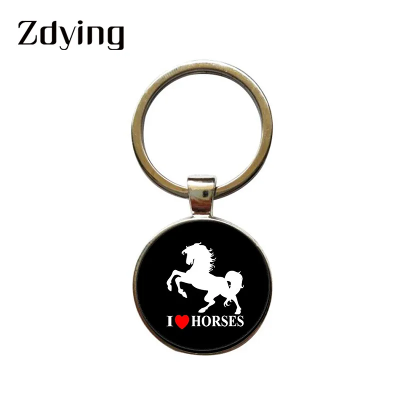 

ZDYING New I love Horses Keychain Keyrings Glass Cabochon Running Horse Silhouette Pattern Key Ring Holder Animal Jewelry HO17