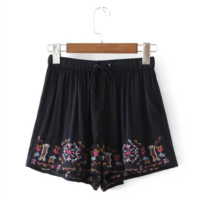 2017 Fashion Embroidery Shorts Women Drawstring Waist Casual Cotton