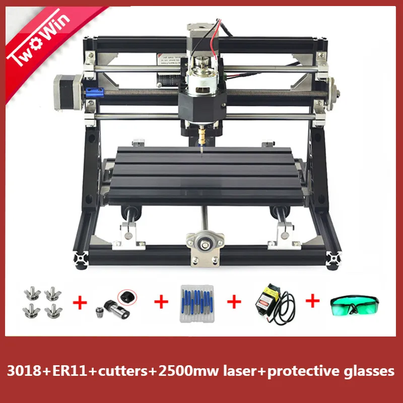 Новинка 3018 с ER11 Diy мини лазерный гравировальный станок с чпу наборы 3 оси акрил Pcb ПВХ фрезерный станок древесины маршрутизатор GRBL управления - Цвет: with 2500mw Laser