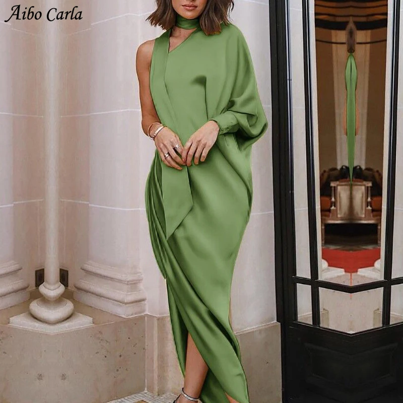 

2018 Autumn Women Lantern Sleeve Off the Shoulder Long Maxi Dress Sexy Irregular Yellow Green Red Club Party Vestidos De Festa